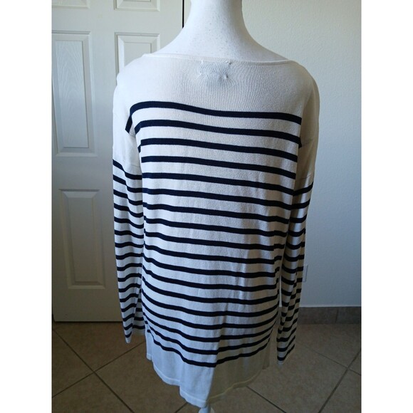 CHAPS CLASSICS Women's Top 3/4 Sleeve Navy White Striped Pullover Sweater Medium - Picture 4 of 16